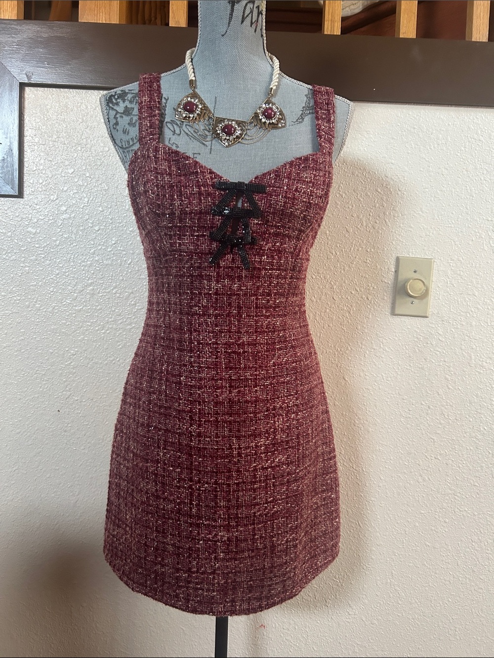 Blu Pepper Burgundy Tweed Mini Dress with Black Lace-Up Detail